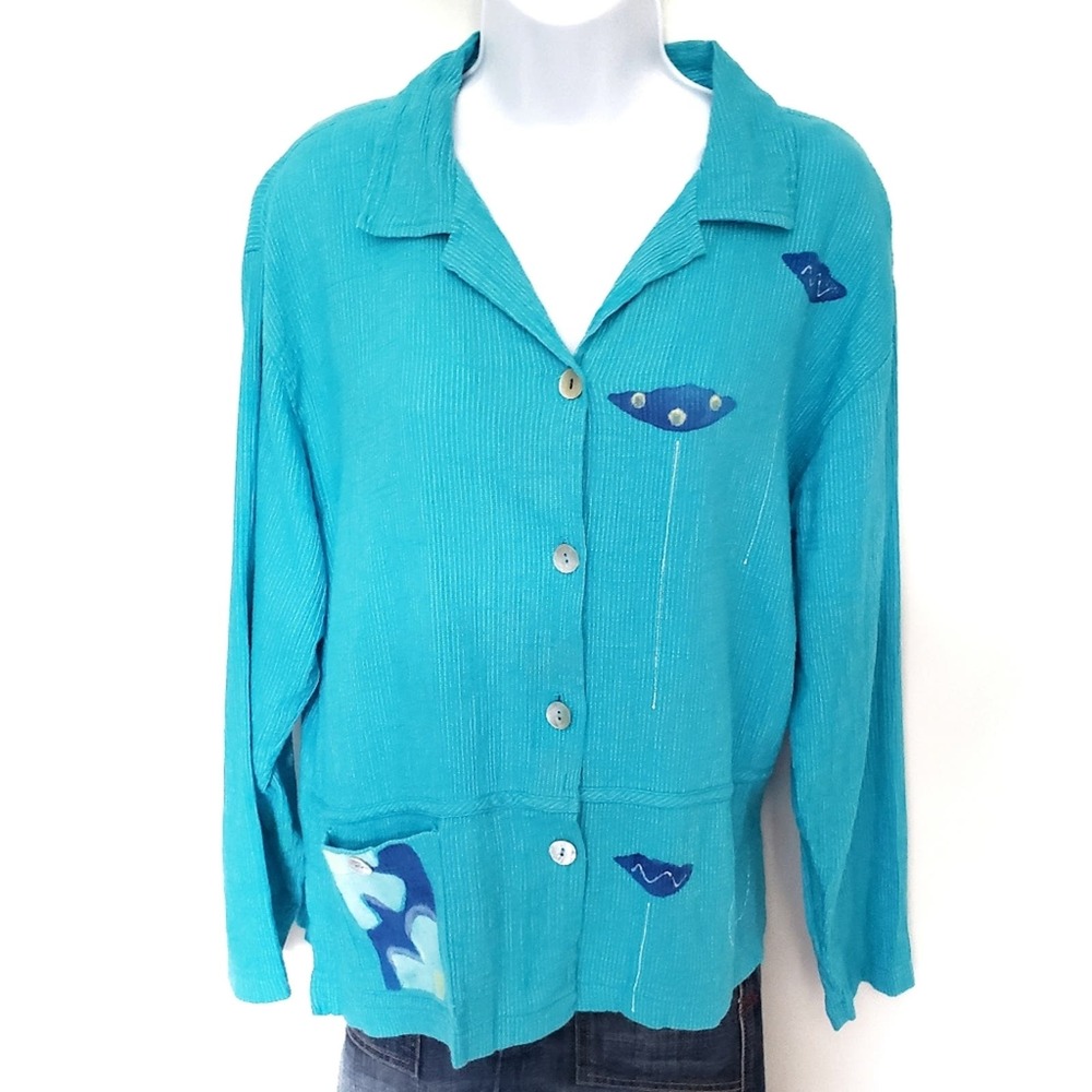 Play Alegre Womens Linen Blend Top iz Small Hand Painted Button Grannycore Boho